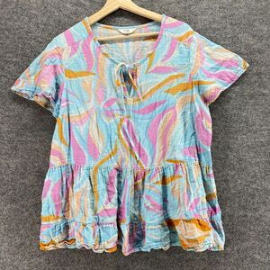 Terra & Sky Blouse Women 1X Plus Blue Geometric Short Sleeve Tasseled Cotton